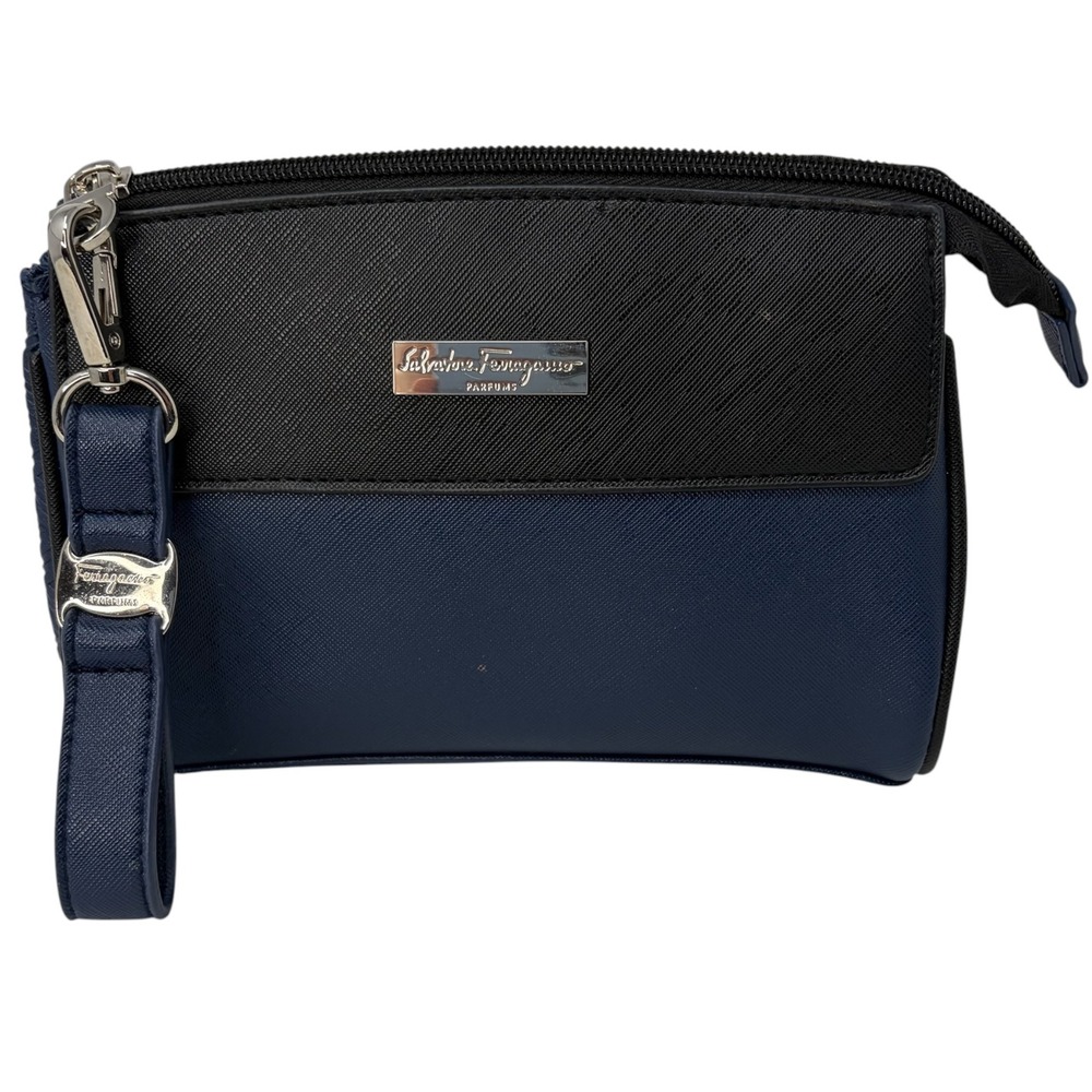 Salvatore Ferragamo Parfums Travel Toiletry Cosmetic Bag Navy Black Wristlet